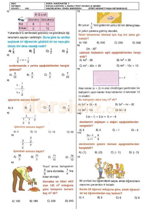 matematik 7 sınıf 2 dönem 1 yazılı soruları